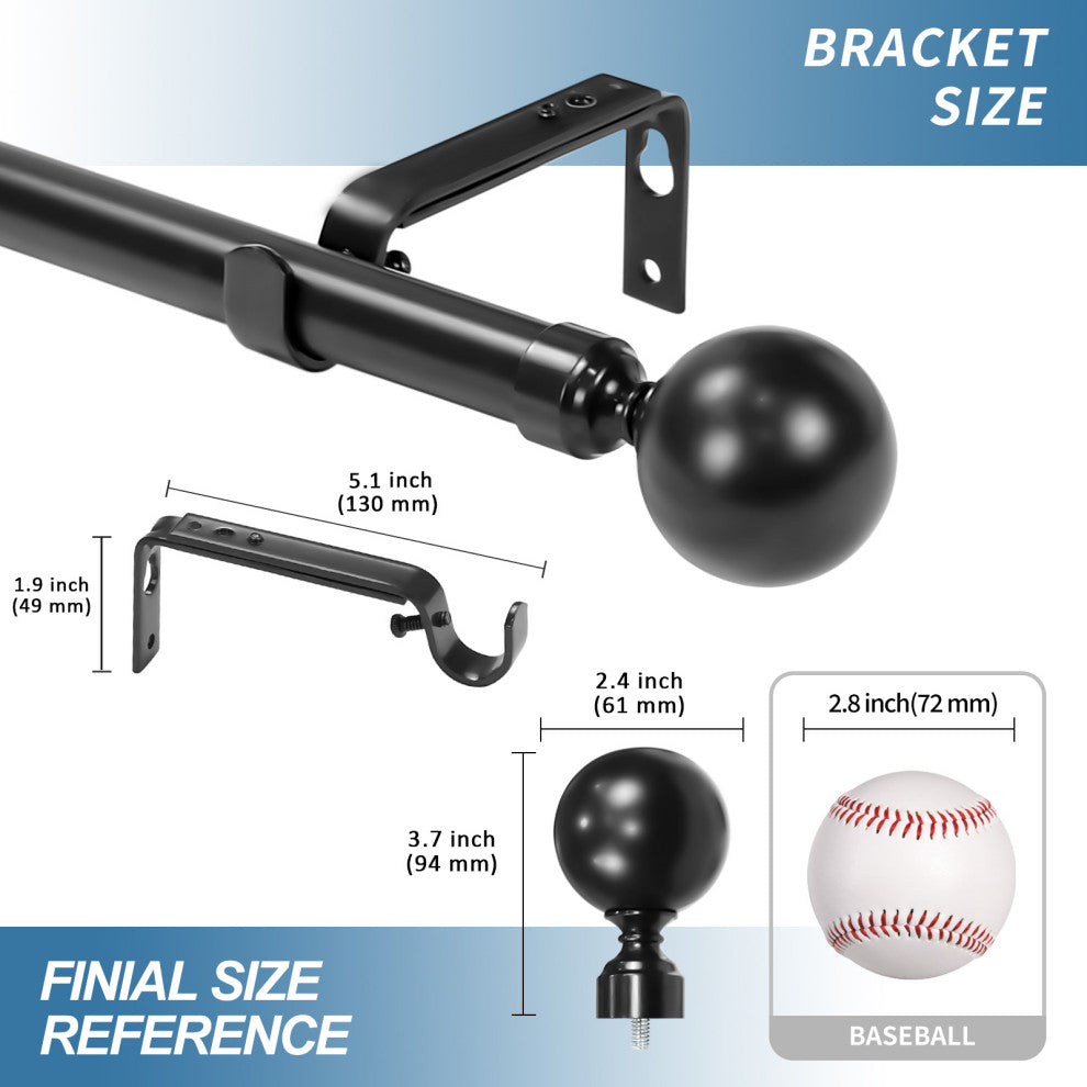 1" Steel Ball Drapery Curtain Rod, Black, 48"-84"