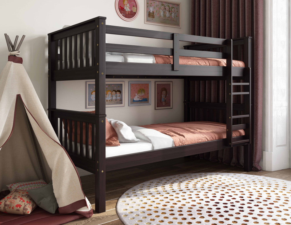 100% Solid Wood Mission Twin Over Twin Bunk Bed, Java