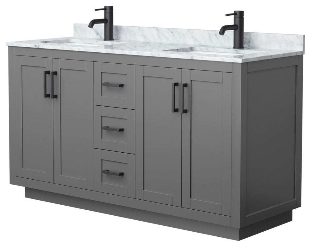 60" Double Bathroom Vanity, Dark Gray, Carrara Countertop, Sinks, Black Trim