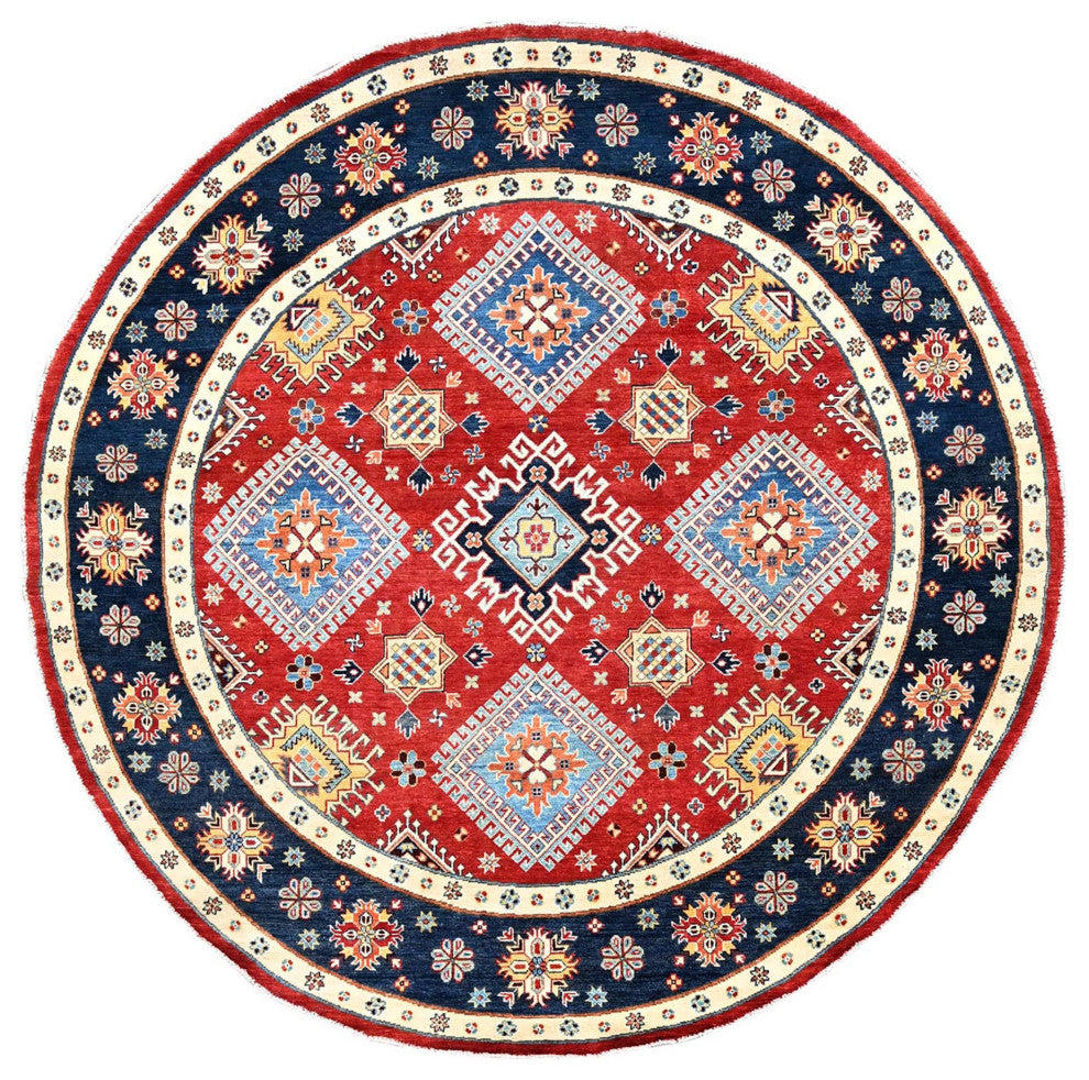Red, Soft Wool, Special Kazak, Hand Knotted, Round Oriental Rug, 7'10"x7'9"