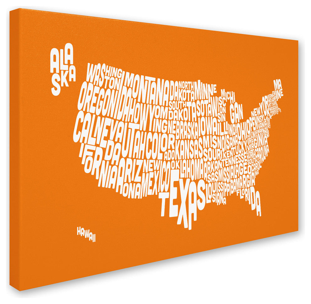 'USA States Text Map - Orange' Canvas Art by Michael Tompsett
