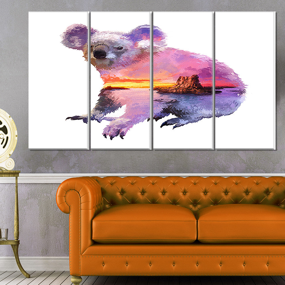 Koala Double Exposure Illustration, Large Animal Canvas Print, 48"x28", 4 Panels