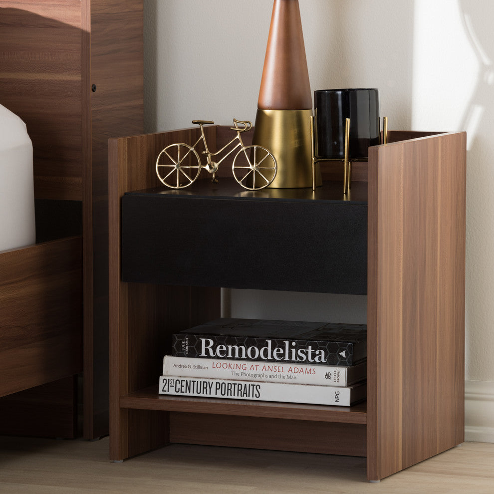 Vanda Modern Two-Tone Walnut and Black Wood 1-Drawer Nightstand