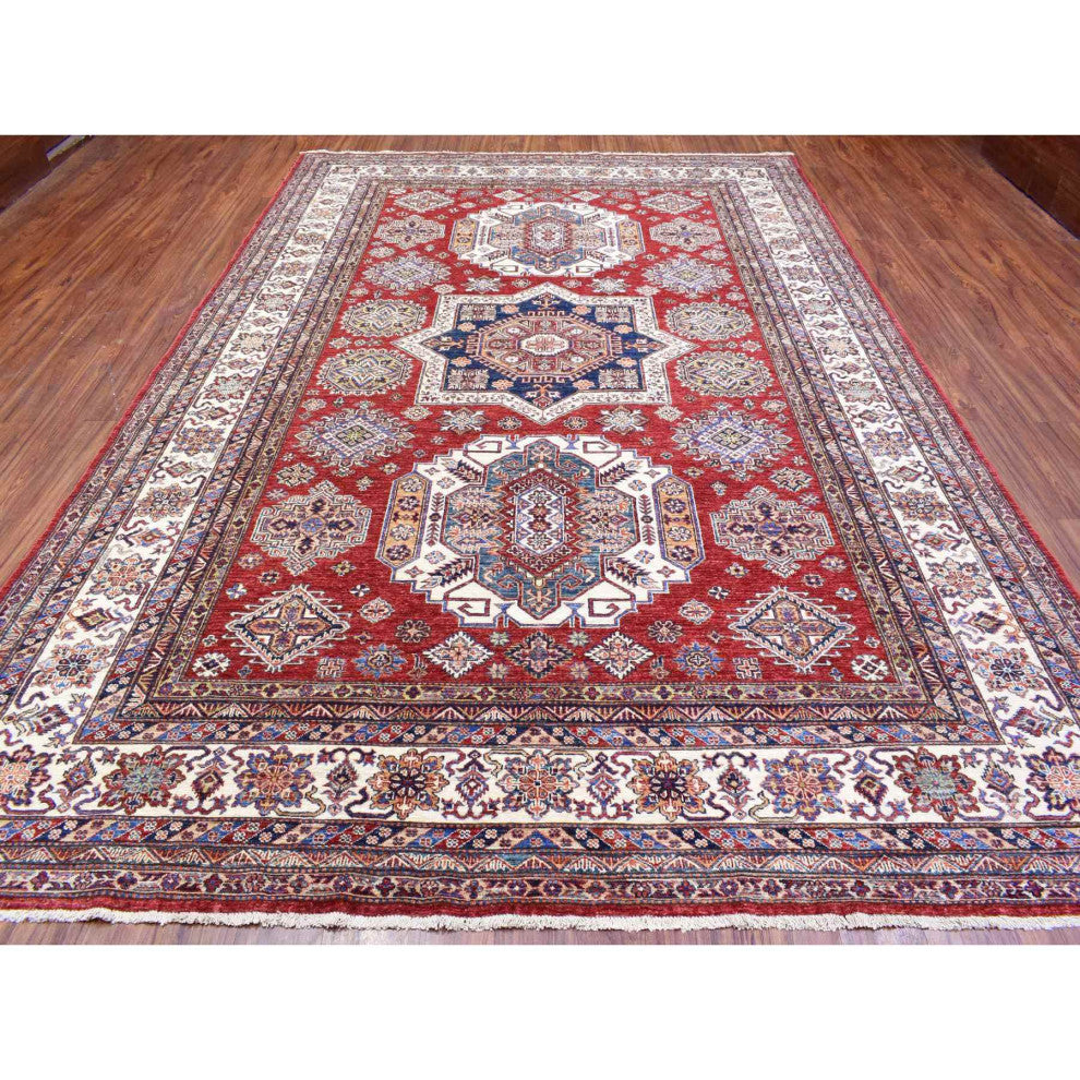 Tomato Red Afghan Super Kazak Pure Wool Hand Knotted Oriental Rug, 8'10"x13'0"