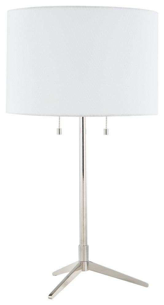 Polished Nickel Frame and Painted Gray With Linen Drum Shade Table Lamp