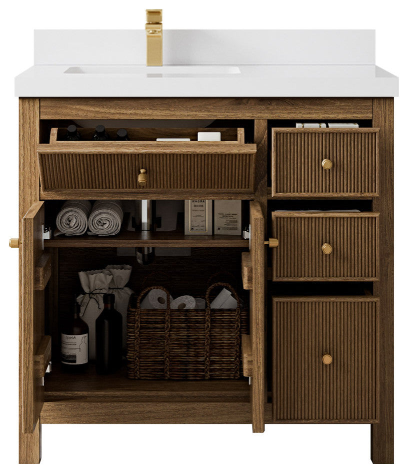 Sonoma Teak 36 Left Offset Bath Vanity in Dark Natural with 2" White Quartz
