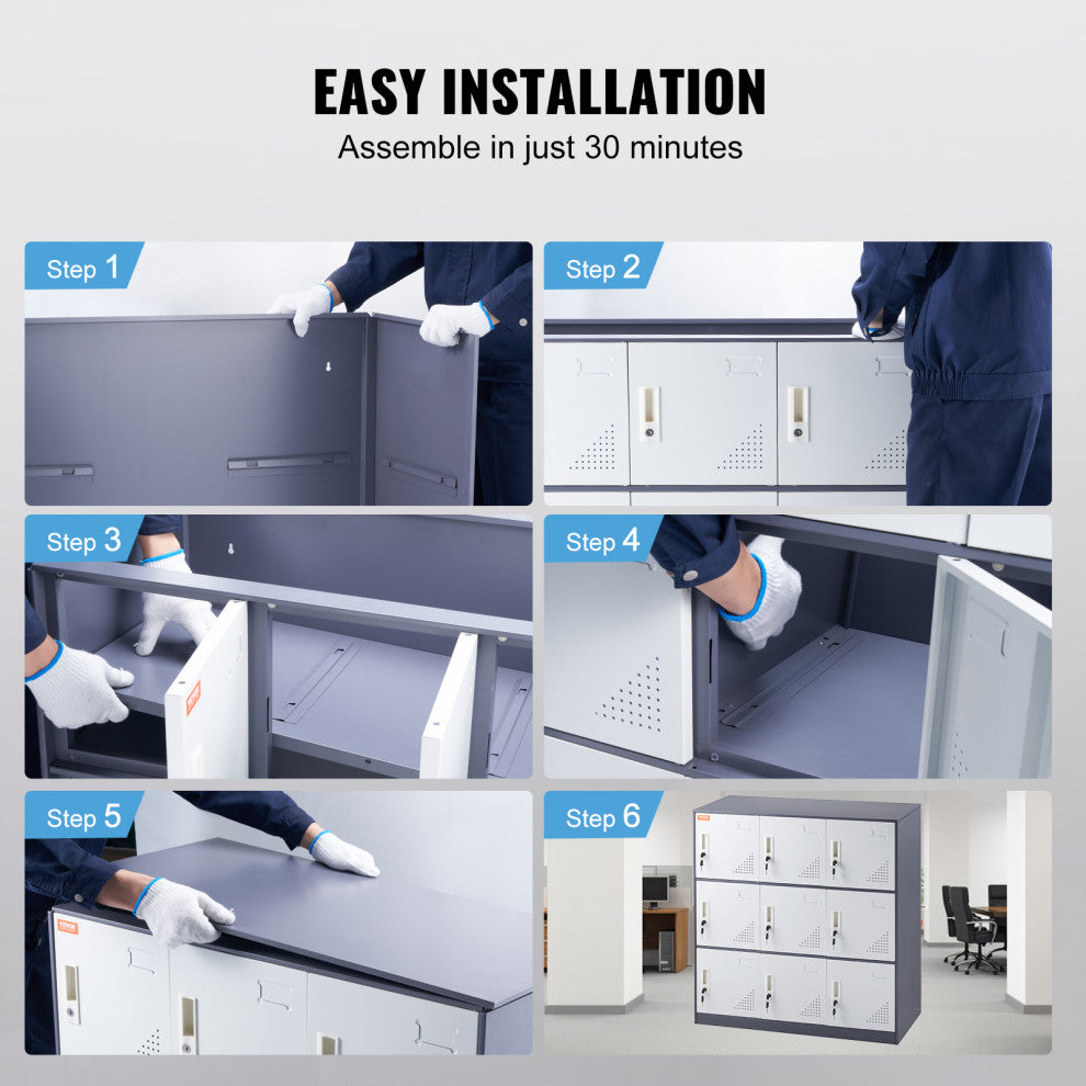 Metal Locker Cabinet 9 Compartment Steel Office School Gym Organize Storage, Gray
