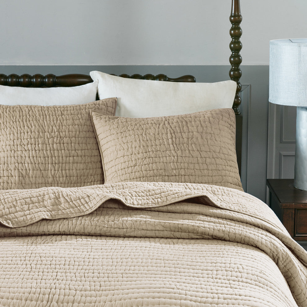 Madison Park Serene Cotton Hand Quilted Coverlet Set, Linen, King