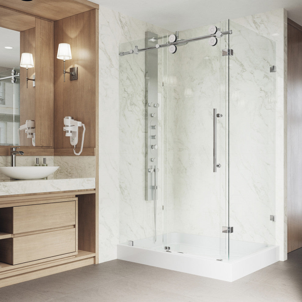 VIGO Winslow Frameless Sliding Shower Enclosure, Chrome, 36" D X 48" W X 80" H, Left Drain Base