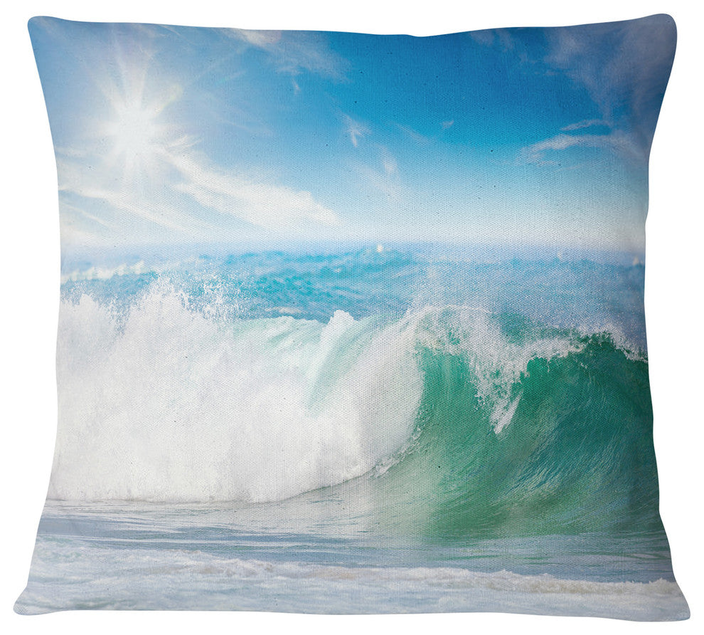White and Blue Waves under Sun Seascape Throw Pillow, 16"x16"