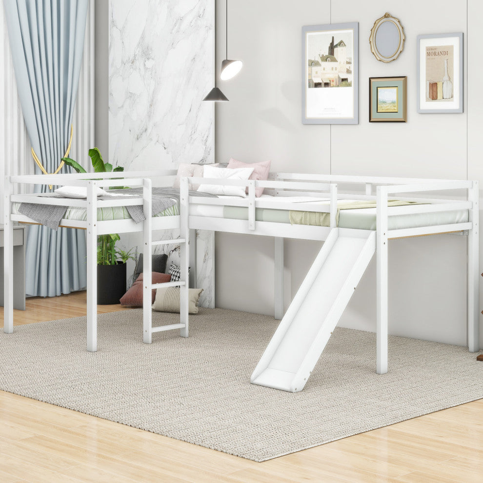 L-Shaped Twin Size Loft Bed with Ladder and Slide (No mattress), White
