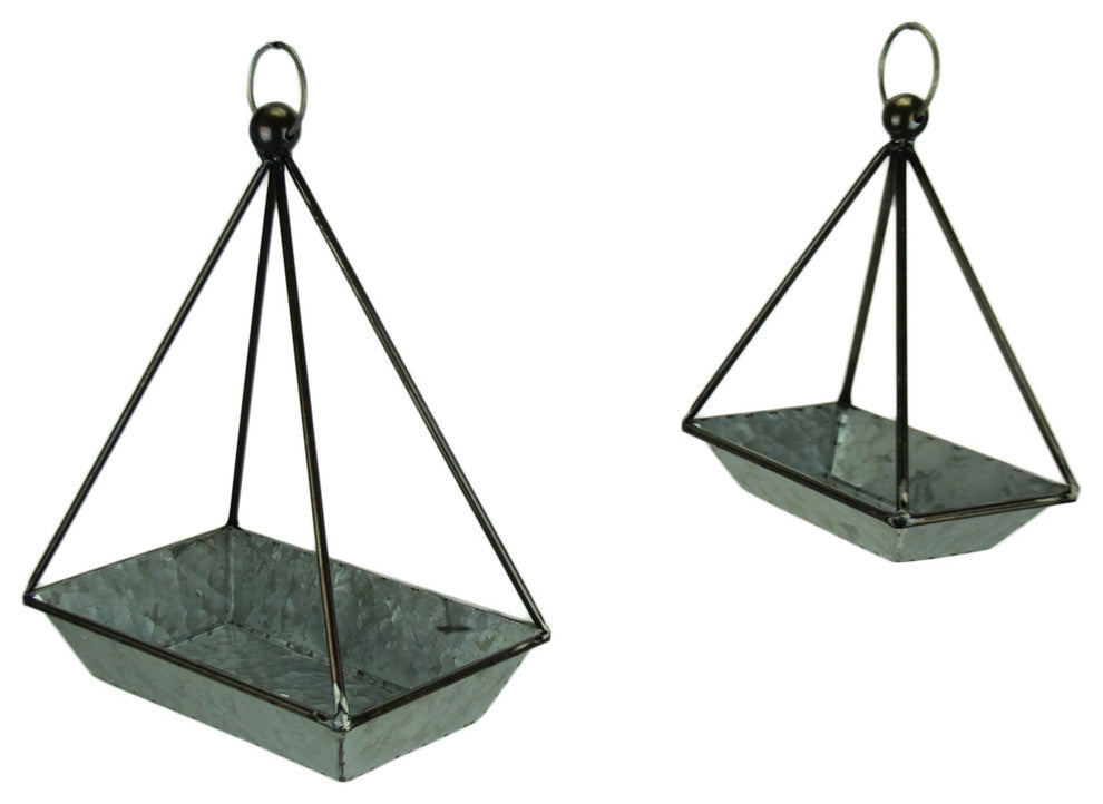 Galvanized Metal Standing or Hanging Indoor Outdoor Planters Set of 2