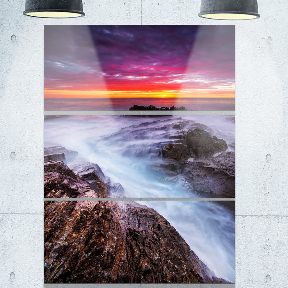 "Stormy Seashore With Colorful Sky" Beach Metal Wall Art, 3 Panels, 28"x36"