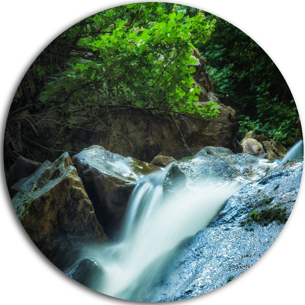 Water Slide Over The Moss, Landscape Round Metal Wall Art, 23"