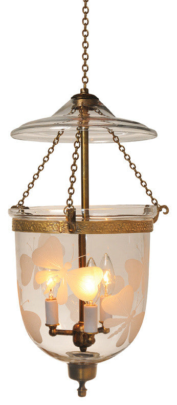 Butterfly Frosted Etching Hundi Glass Bell Jar Lantern 9"D, Antique Bronze
