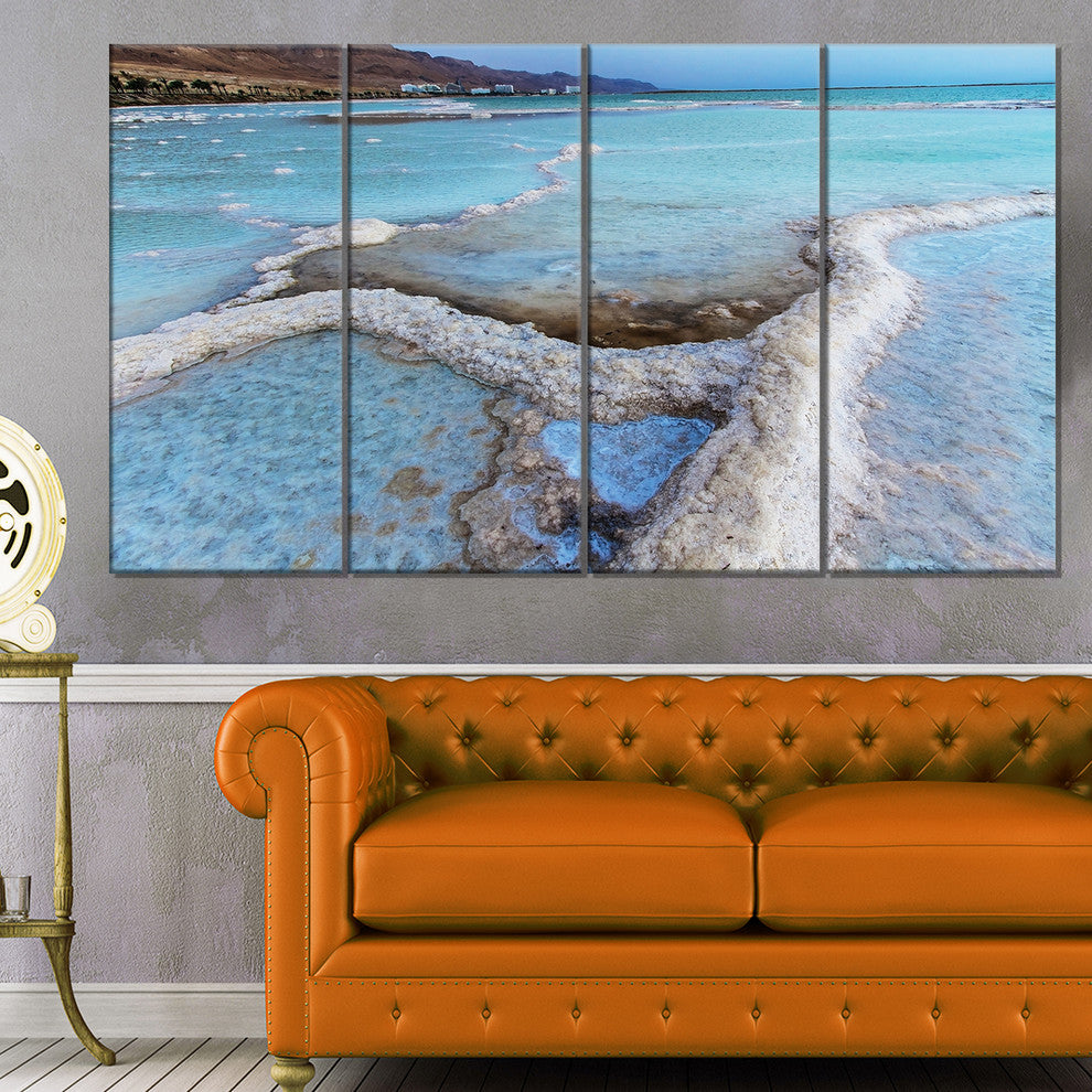 Beautiful Coast of the Dead Sea, Large Beach Canvas Wall Art, 48"x28", 4 Panels