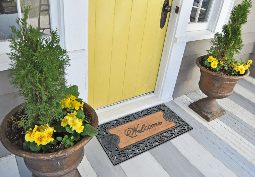 A1HC Welcome Floral Border Rubber and Coir Outdoor Doormat, 23"x38", Black