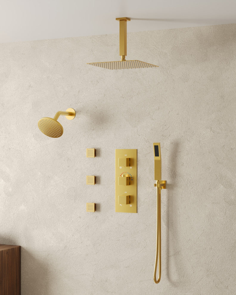 Thermostatic Dual Heads 12" Rainfall Shower System With 3 Body Jets, Brushed Gold