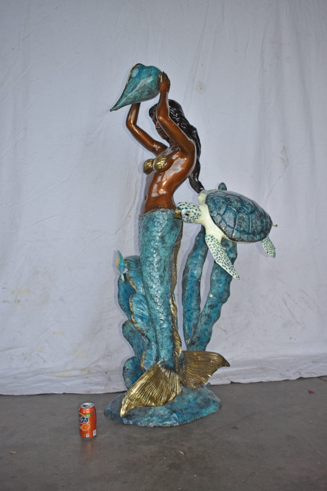 Mermaid Holding a Shell Fountain W Turtle Bronze Statue - Size: 32" x 19" x 60