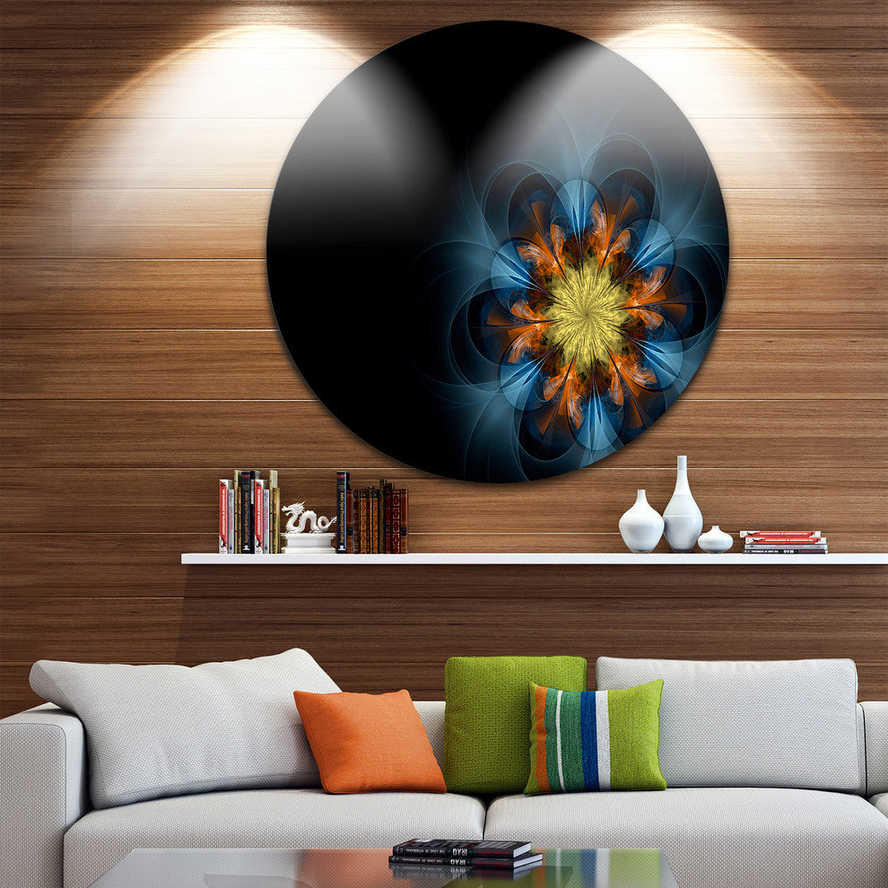 Symmetrical Blue Orange Fractal Flower, Large Disc Metal Wall Art, 36"