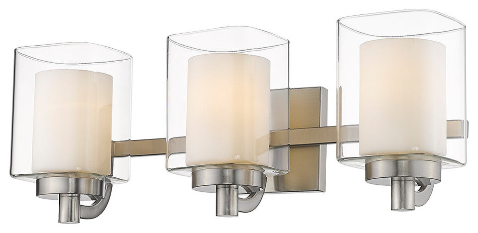 3 Light Modern Double Glass Vanity Light in Satin Nickel