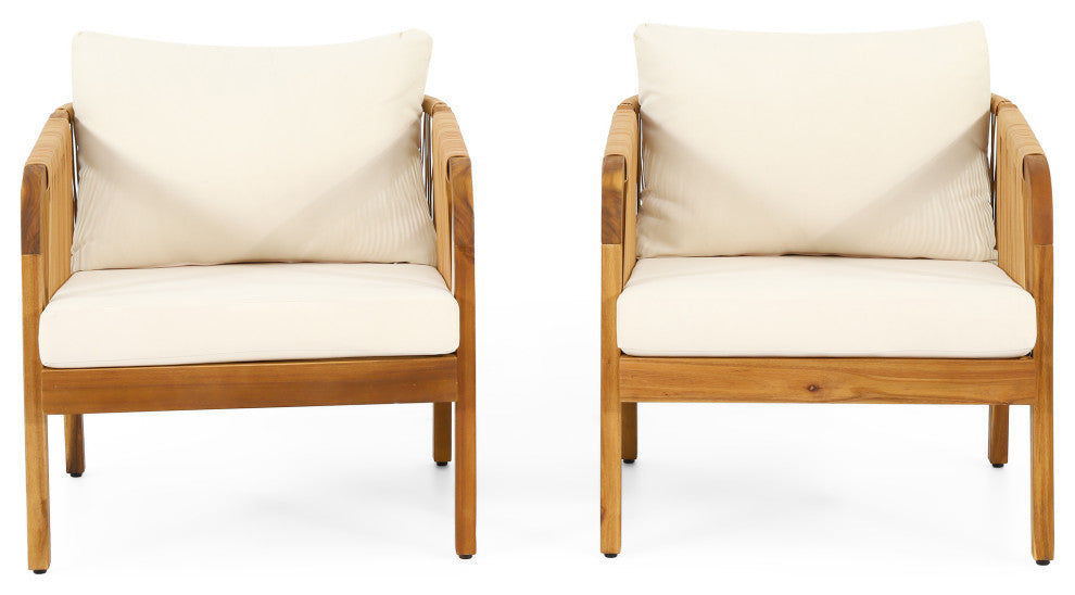 Allerton Outdoor Acacia Wood and Wicker Club Chairs With Cushions, Set of 2