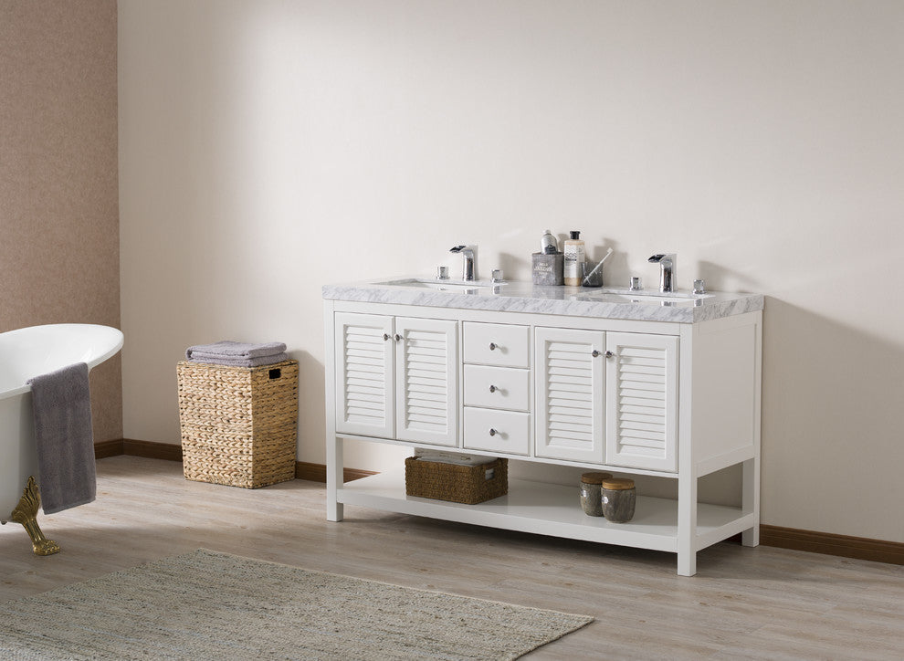 Stufurhome Luthor 60" White Double Sink Bathroom Vanity, Without Faucet