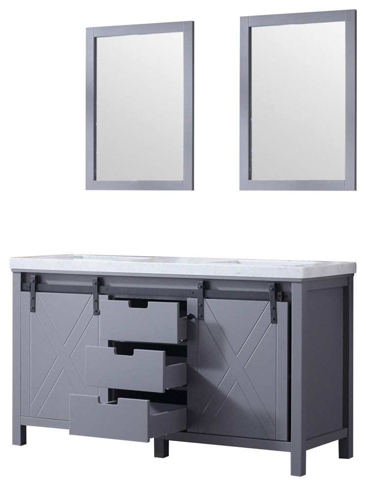 Marsyas 60" Dark Gray Double Vanity Carrara Marble Top Sinks, 24" Wall Mirrors