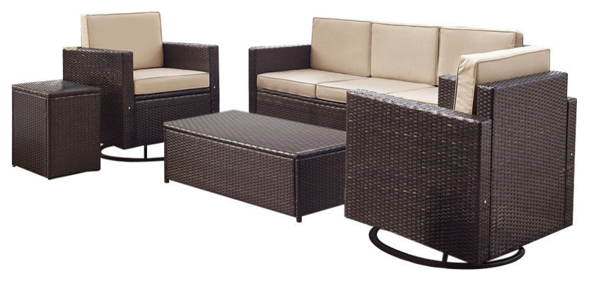 Palm Harbor 5-Piece Outdoor Wicker Sofa Conversation Set, Cushions Sand
