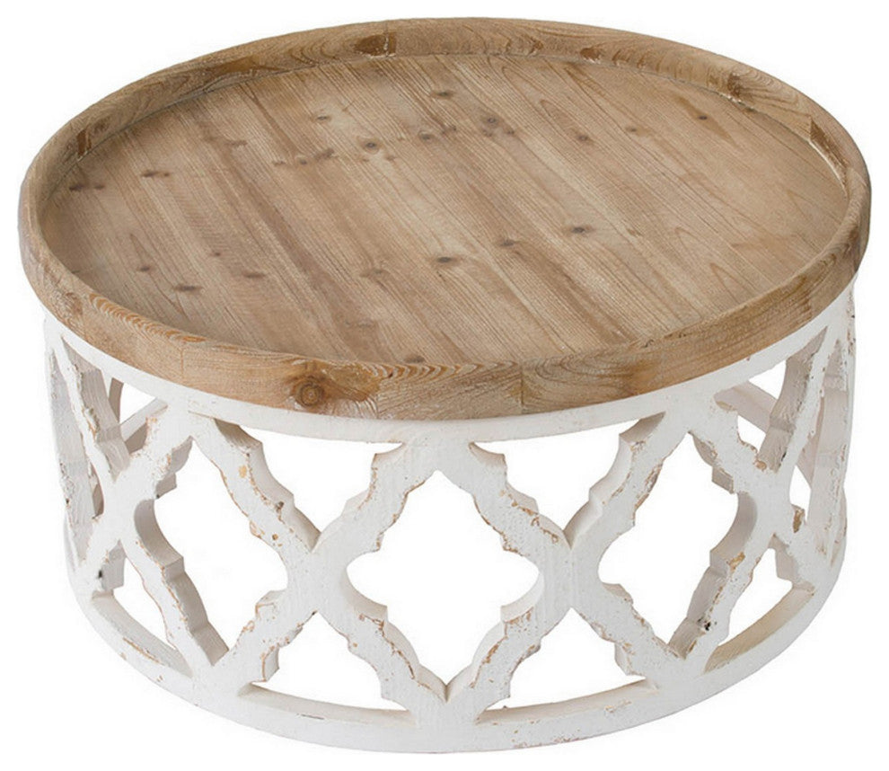 Benzara BM285117 32" Coffee Table, Round, Quatrefoil Lattice Design, Brown