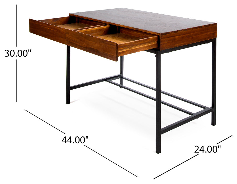 GDF Studio Elrod Dark Oak Acacia Wood Storage Desk With Rustic Metal Iron Accent