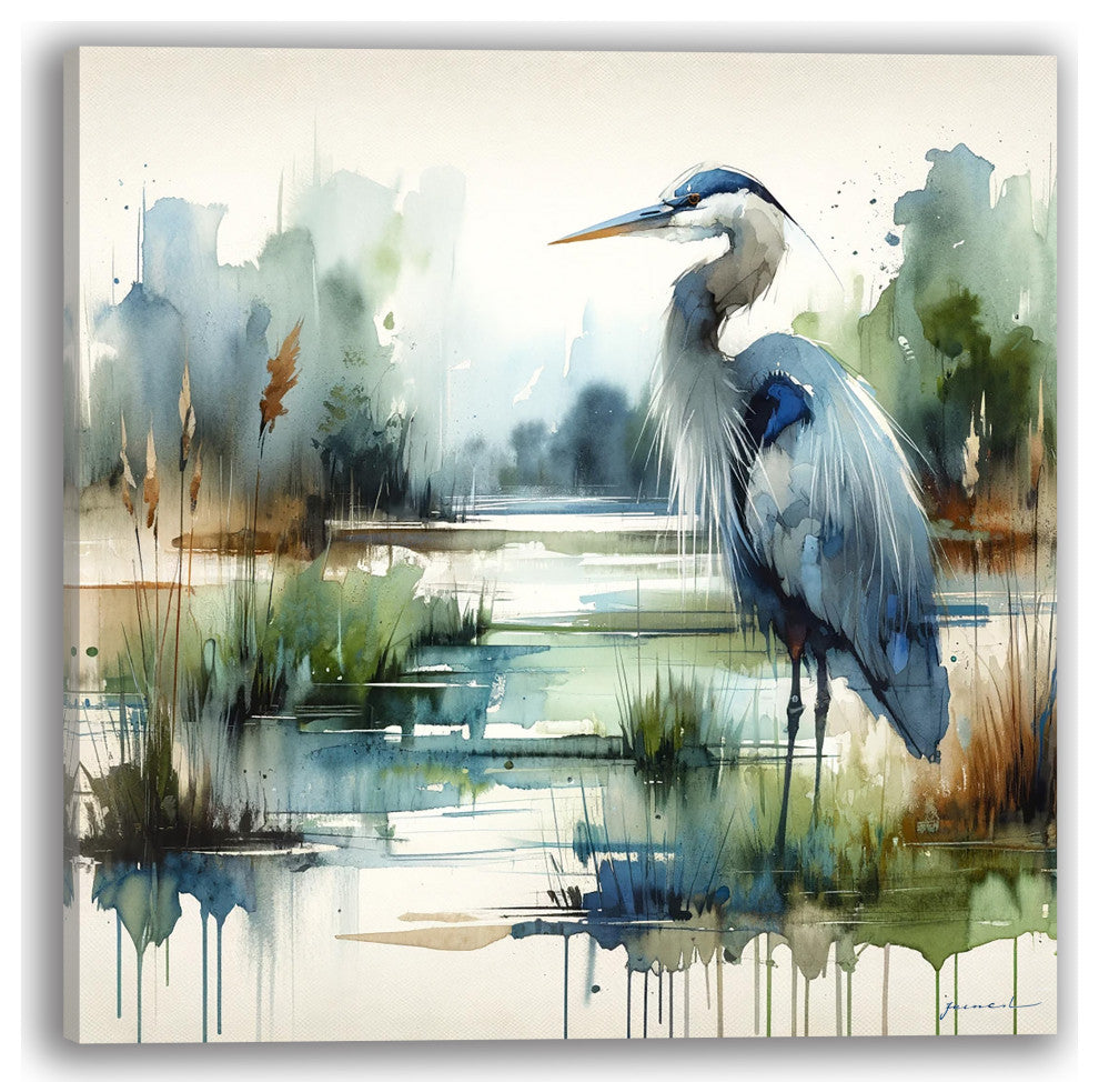 Reed Refuge - Majestic Heron Amidst Wetlands on Wrapped Canvas