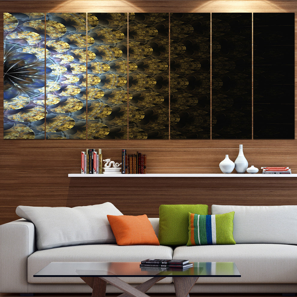 Symmetrical Gold Fractal Flower, Abstract Wall Art Canvas, 83"x32", 7 Panels