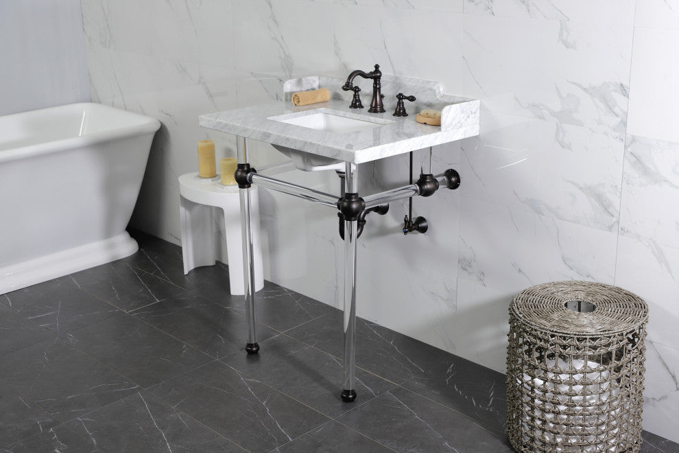 Kingston Brass LMS30MASQ5 30" Carrara Marble Console Sink, Acrylic Legs