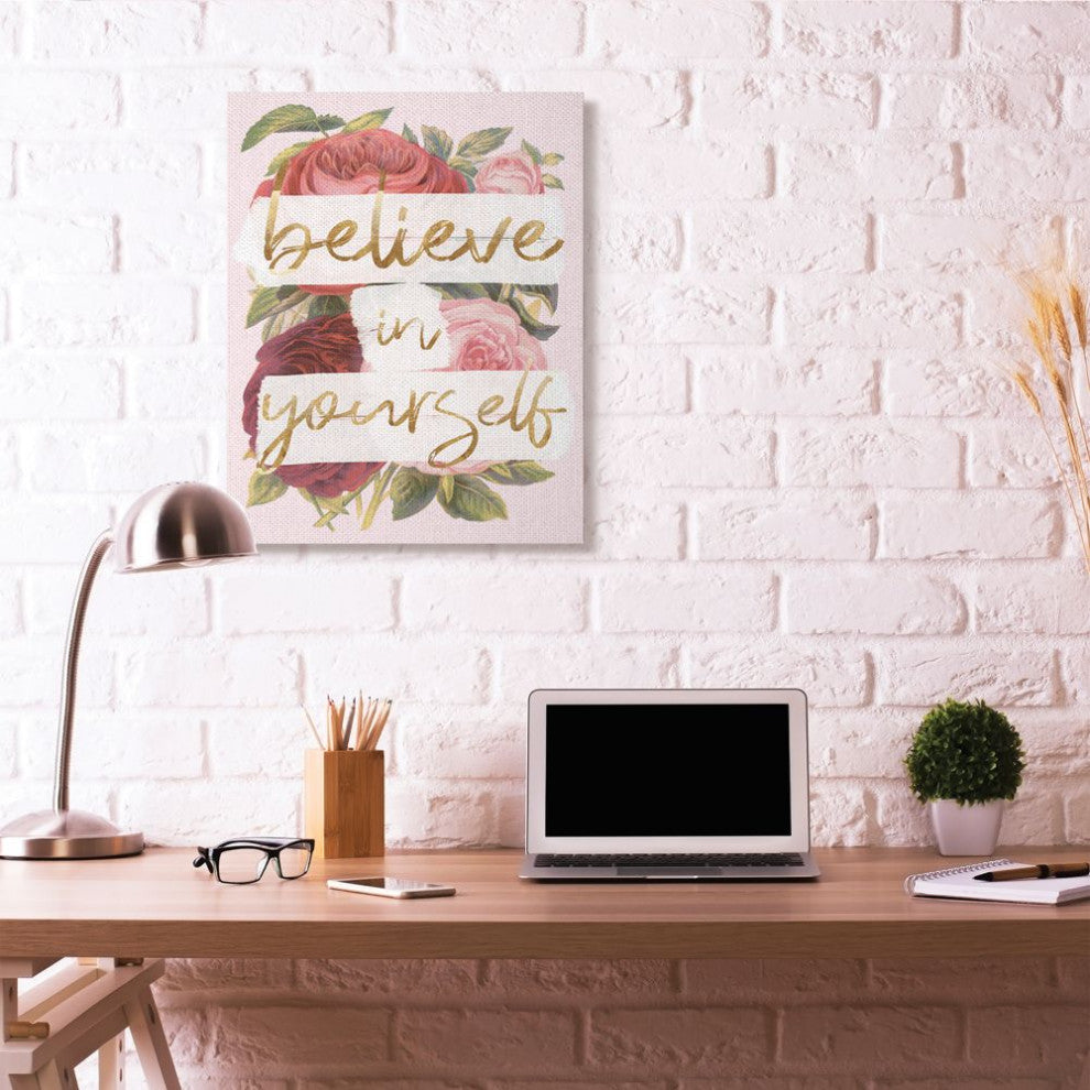 Stupell Industries Believe In Yourself Pink Gold Rose Word Design, 30"x40"