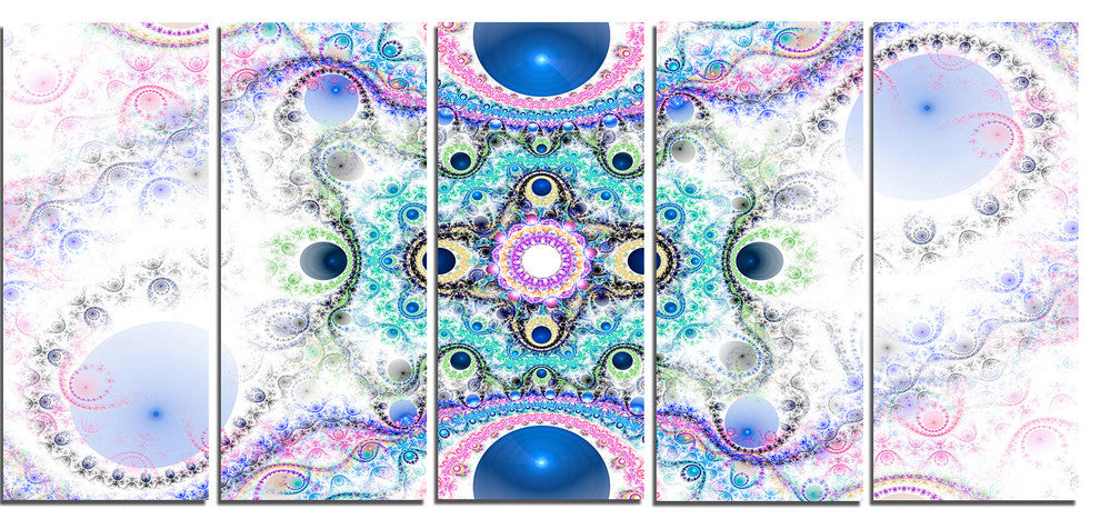Cryptical Blue Fractal Pattern, Abstract Wall Art Canvas, 60"x28", 5 Panels