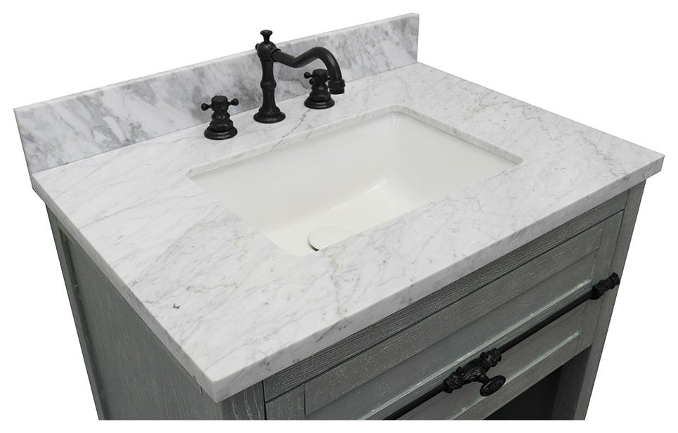 30" Single Vanity, Gray Ash, White Carrara Top, Rectangle Sink