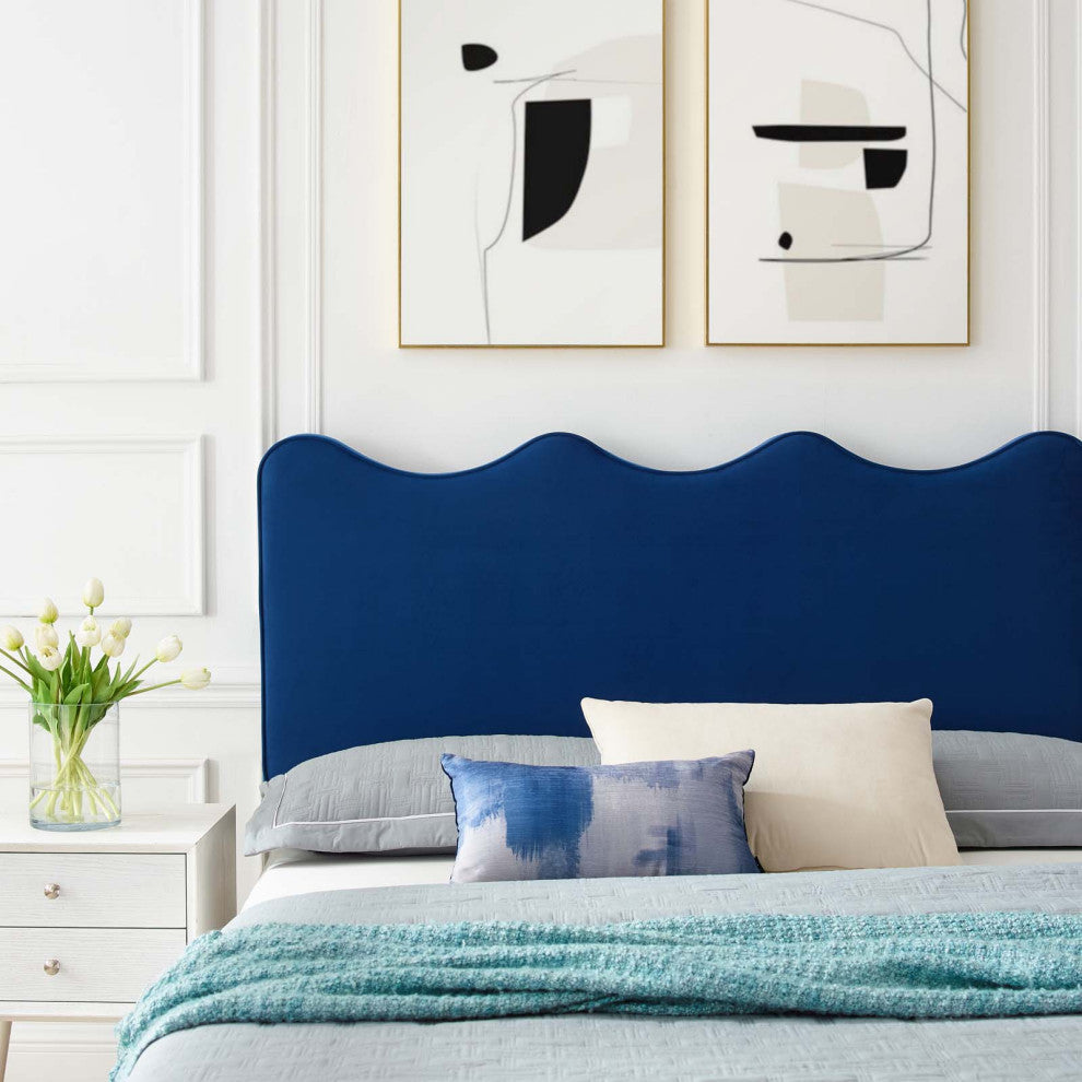 Platform Bed Frame, King Size, Blue Navy, Velvet, Modern, Bedroom Guest Suite