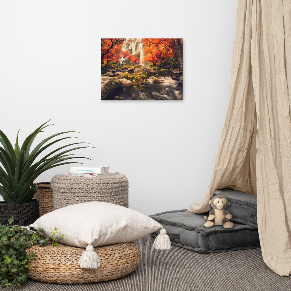 Waterfall in the Autumn Golden Shadow Effect Landscape Photo Canvas Art Print, 18" X 24"