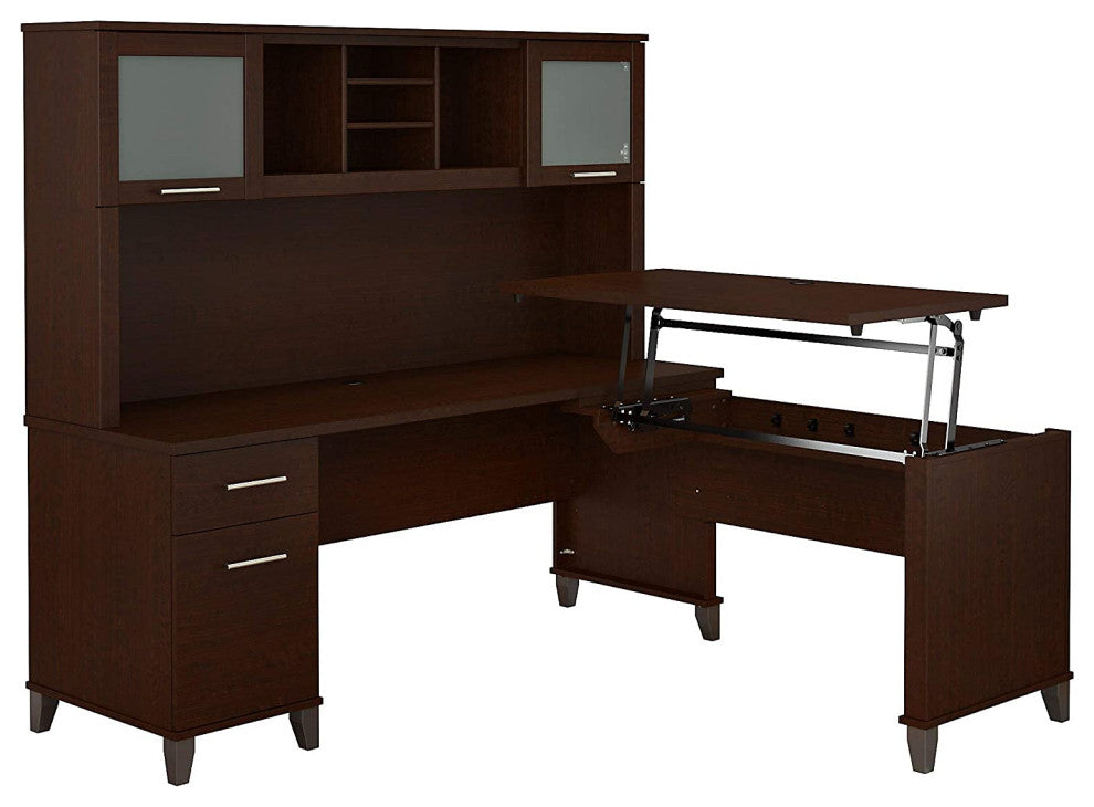 Spacious L-Shaped Desk, Integrated Tall Hutch and Lift Up Desktop, Mocha Cherry