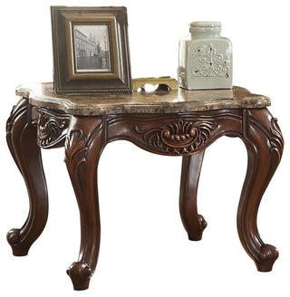 Benzara BM185779 Marble Top End Table With Motif Engraved Angular Wood Feet