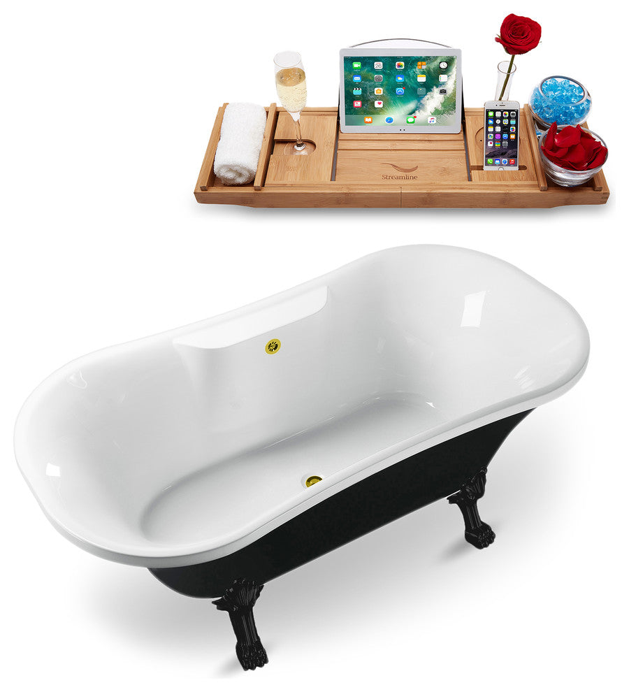 68" Black Clawfoot Tub and Tray, Black Feet, Gold External Drain