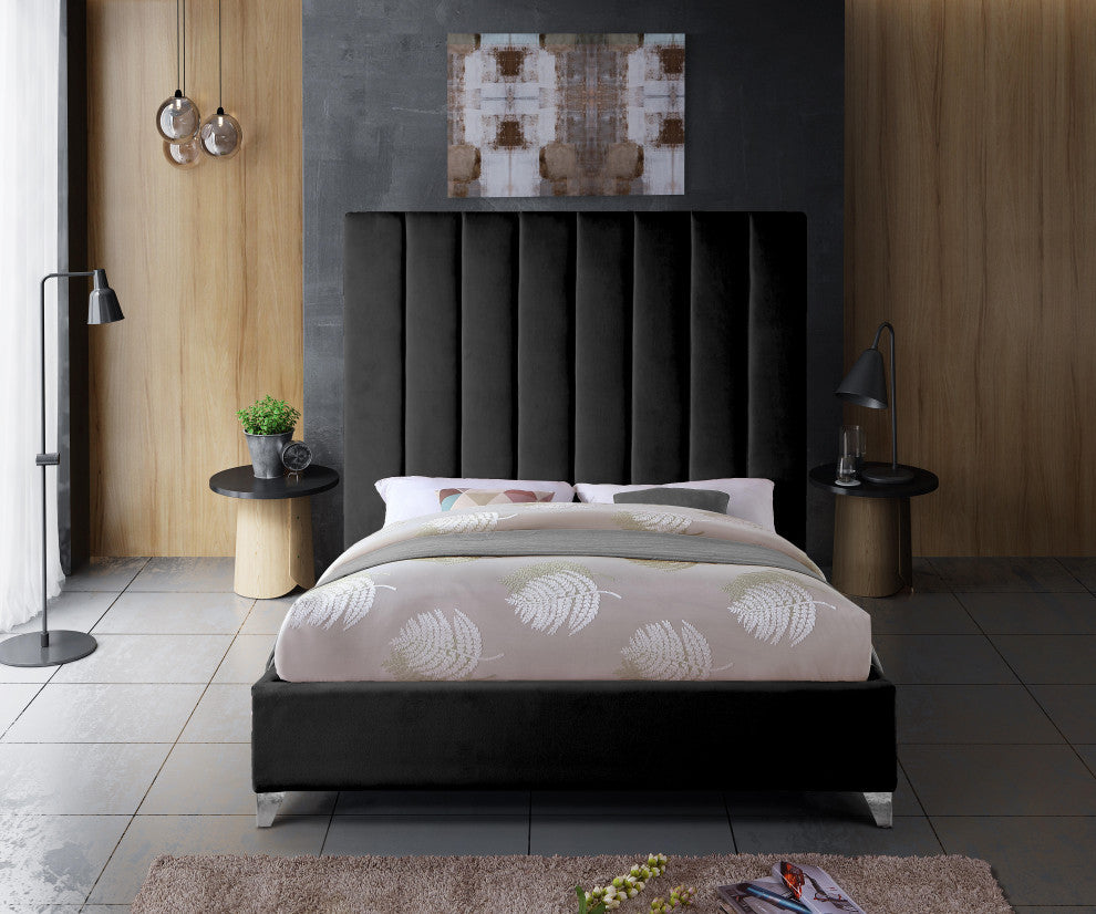 Via Velvet Upholstered Bed, Black, Queen