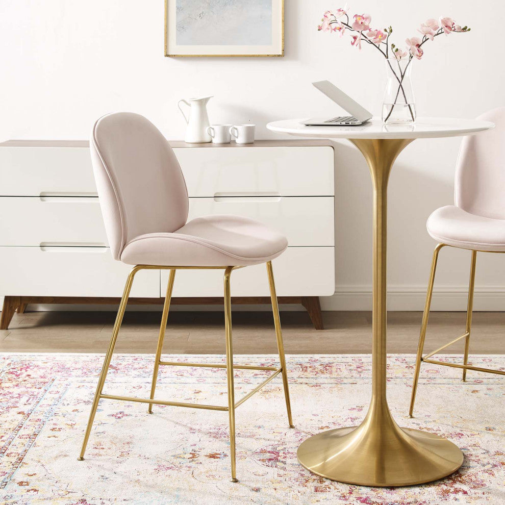 Contemporary Bar Pub and Dining Bar Stool Chair, Velvet Metal Steel, Pink