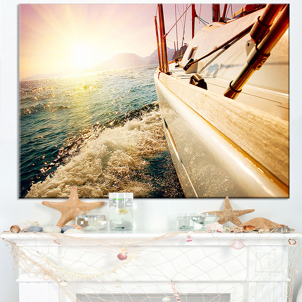 "Huge Yacht Sailing Against Sunset" Sea Pier Wall Art, 1 Panel, 60"x28"