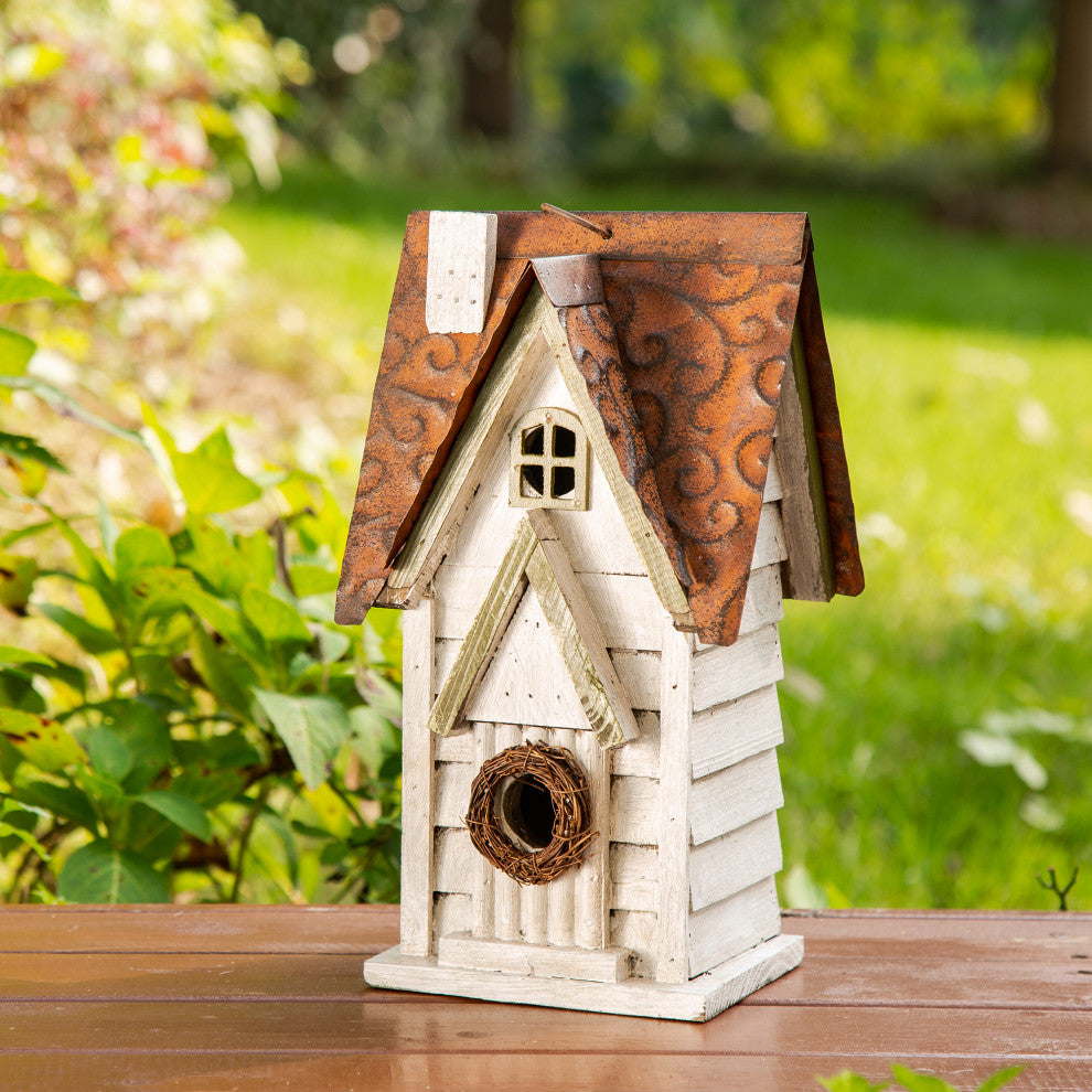 12"H Washed White Distressed Solid Wood Cottage Birdhouse