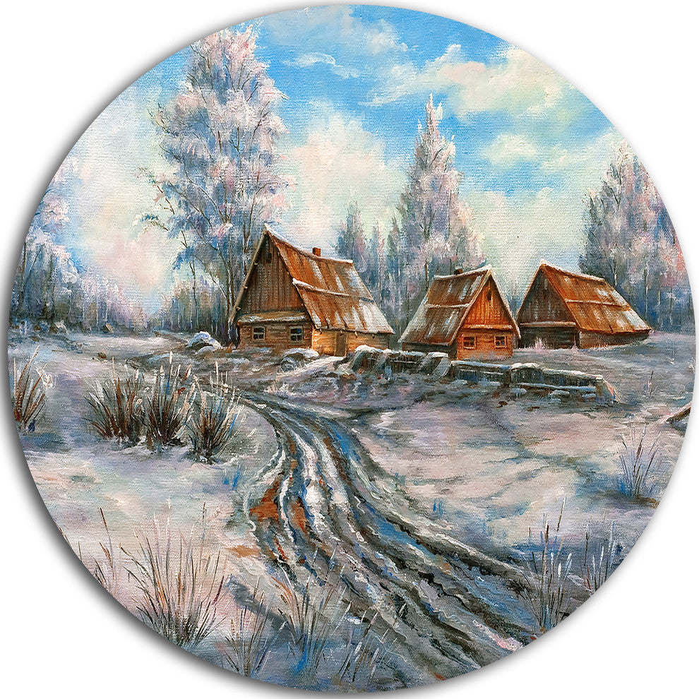 Snow Village, Landscape Round Metal Wall Art, 11"