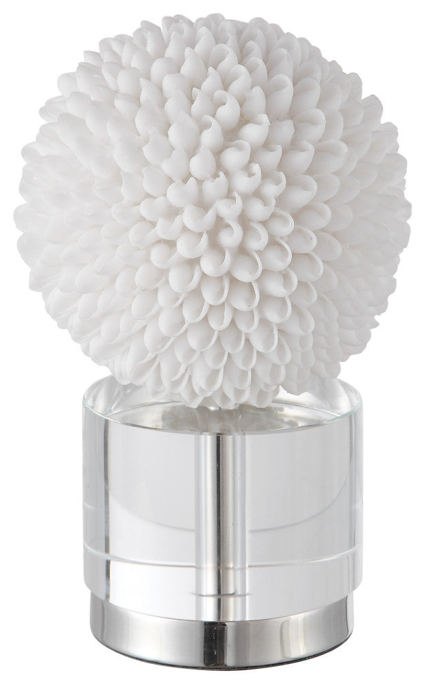 Luxe White Sea Shell Decorative Sphere Sculpture, Crystal Silver Round Ball