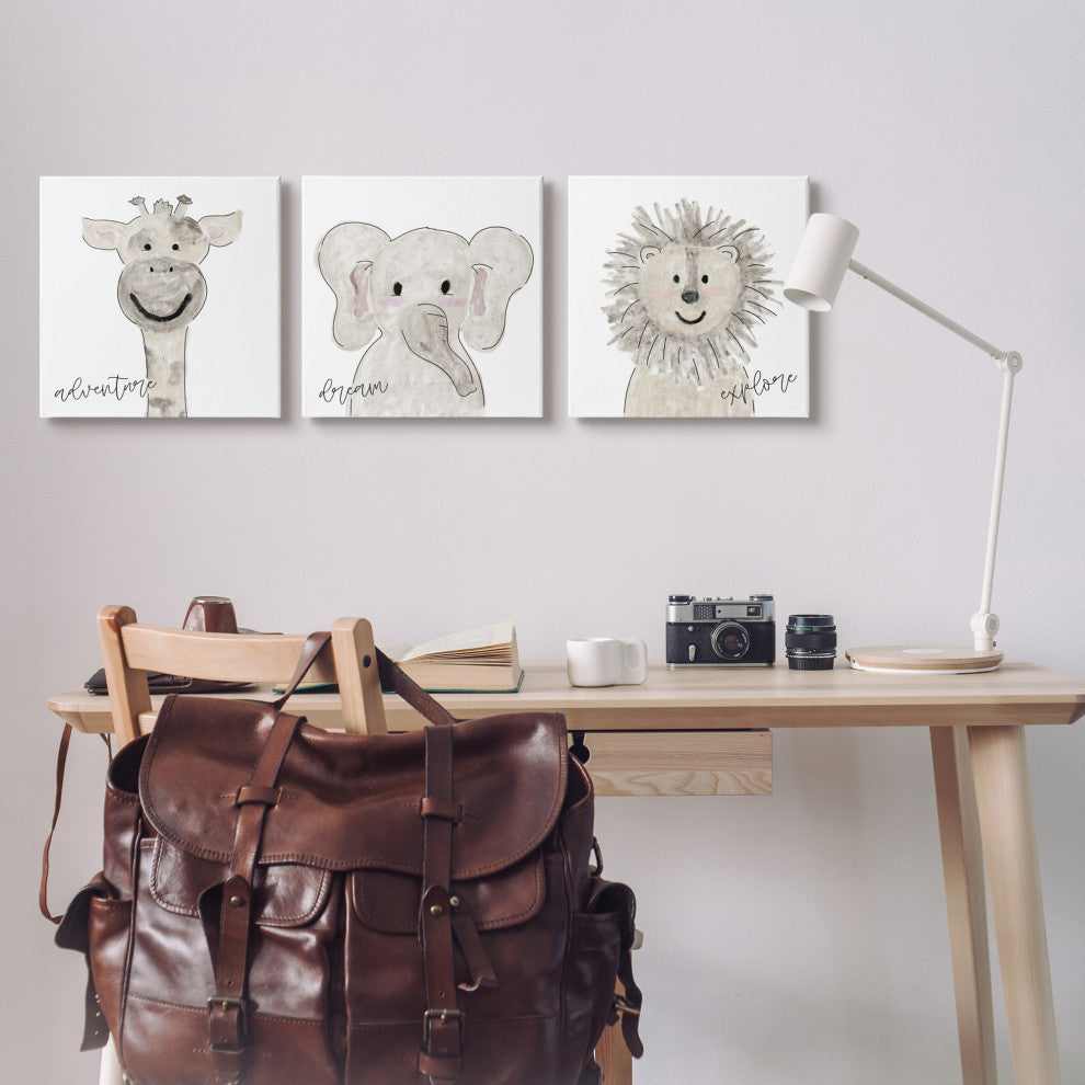 Cute Cartoon Animals Illustration Adventure Dream Explore Quote, 3pc, each 17x17