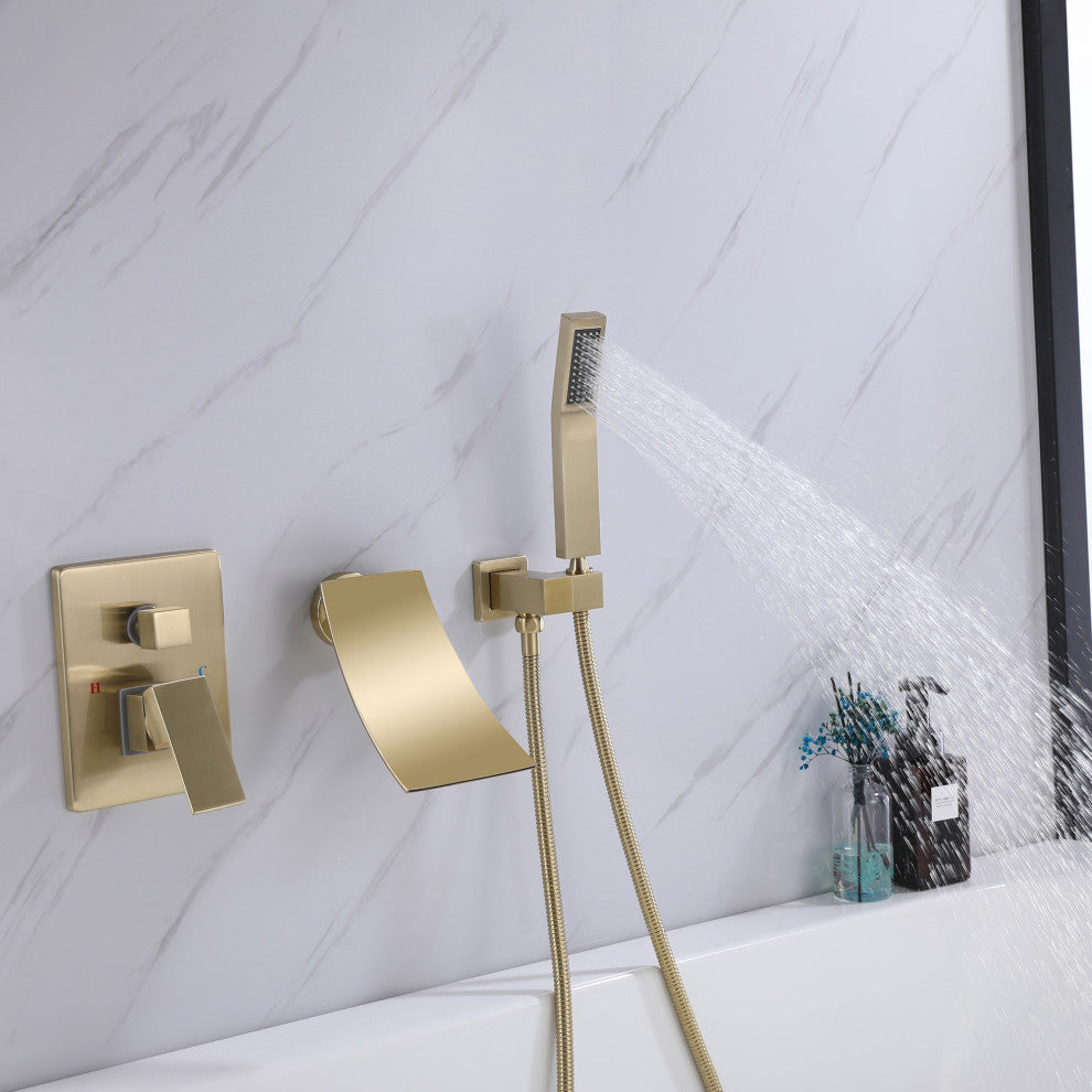 Wall Mounted Pressure Balance Dual Handle Roman Tub Faucet with Hand shower, Bru